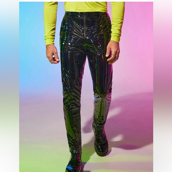 Men’s holographic zipper fly PU leather pants - Picture 6 of 10